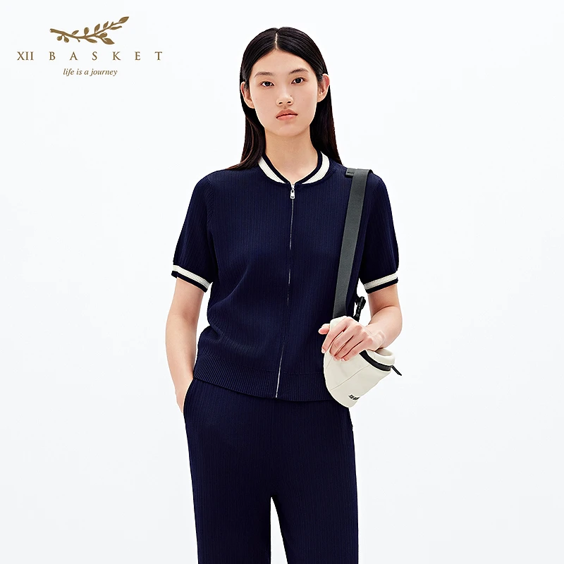 XII BASKET十二篮新款显瘦竖坑条棒球服短袖针织开衫女7C65206060