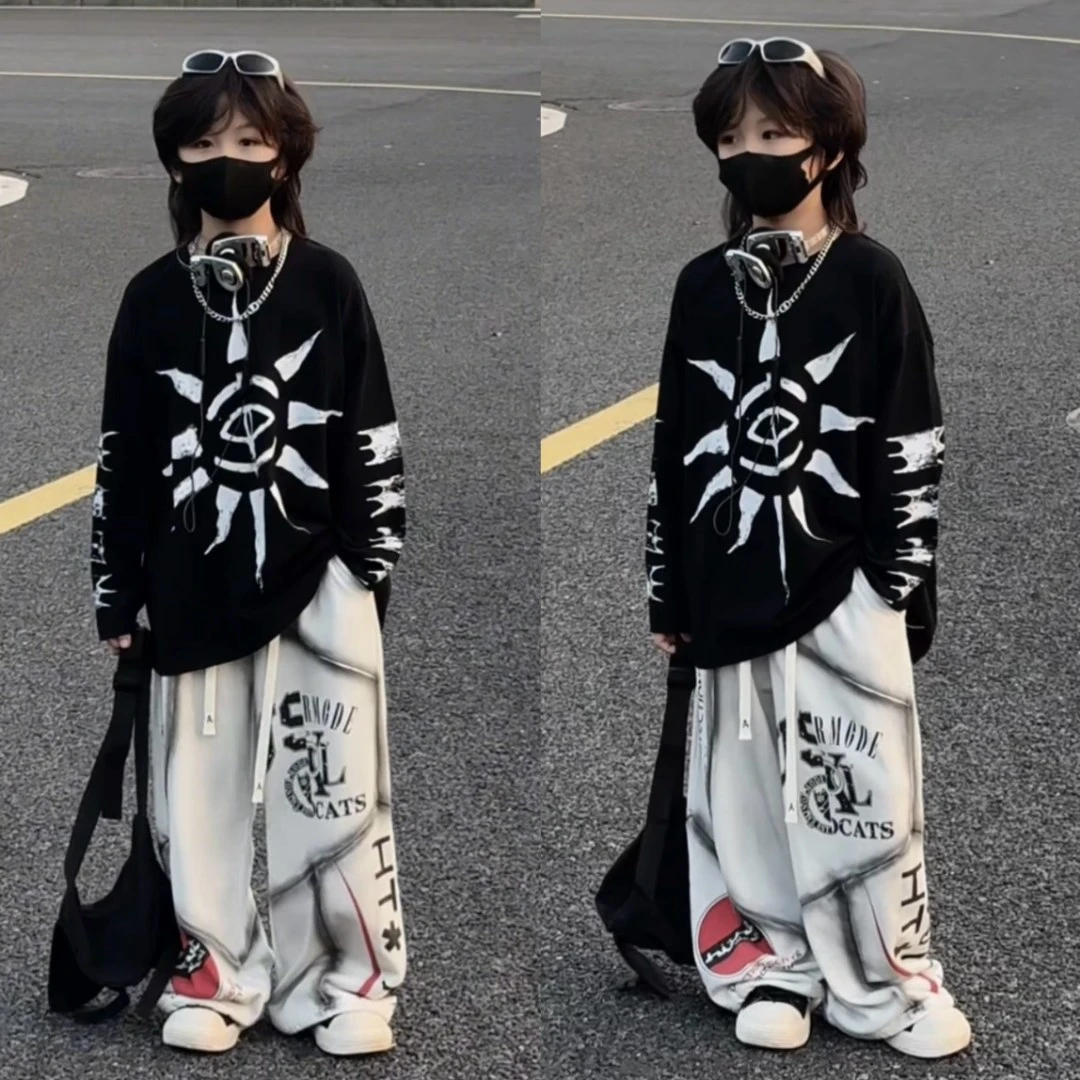 五乐乐家秋冬款儿童美式克苏鲁之眼印花长袖上衣宽松街头打底衫