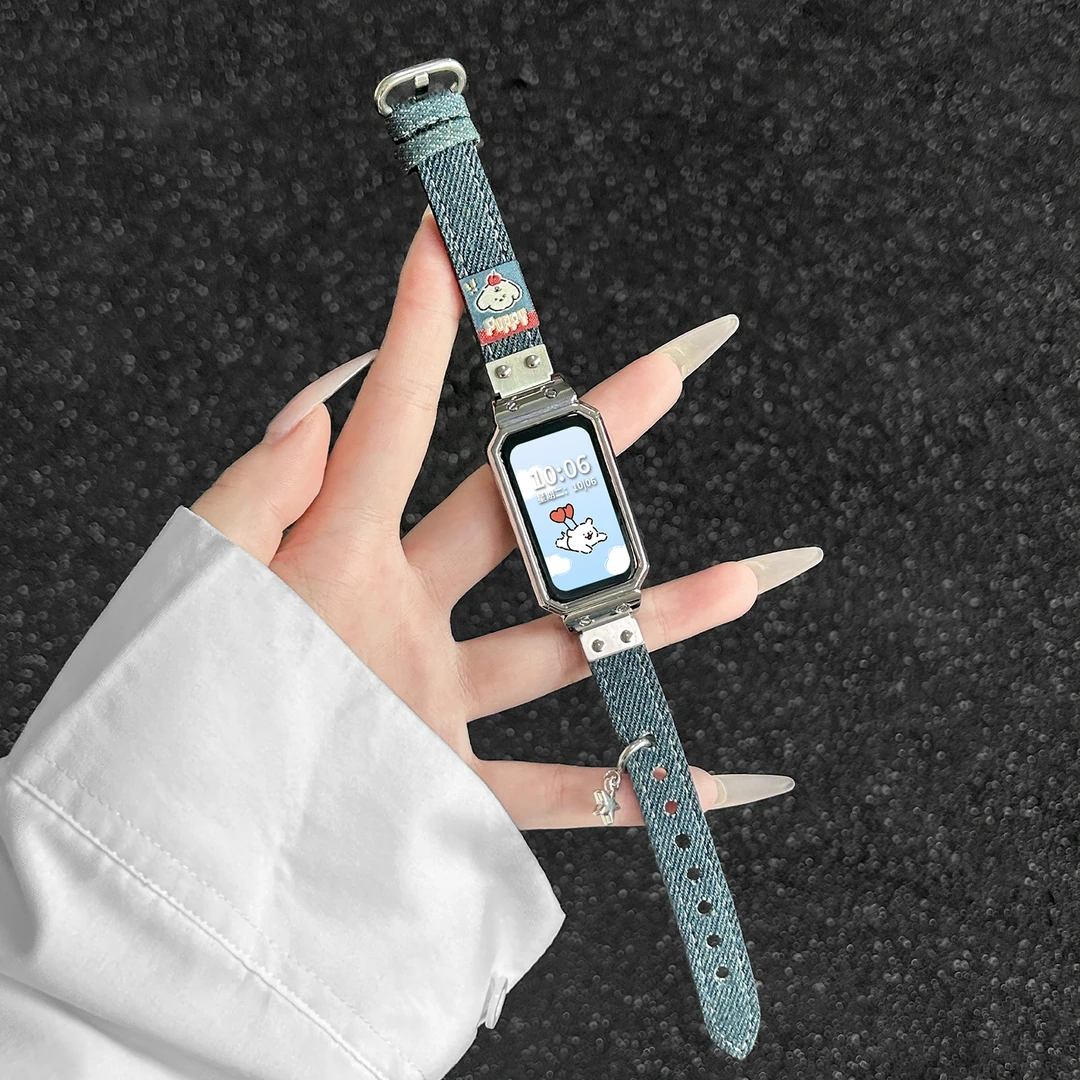 适用华为手环10/9表带环扣8牛仔布钢片荣耀手环10/9方糖壳替换带