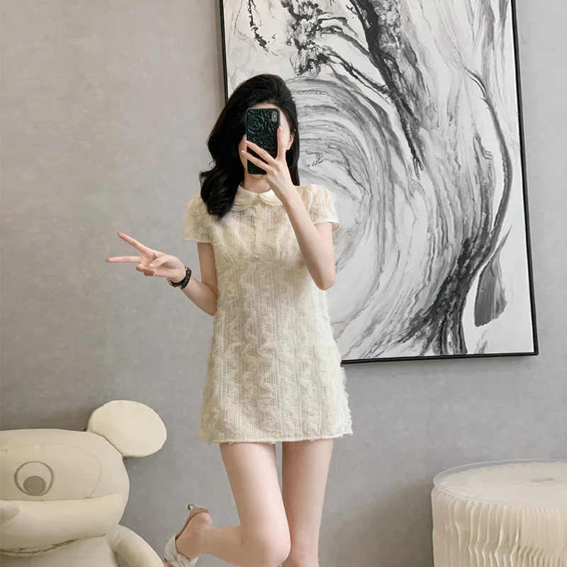 短裙气质日常2025夏季A字裙拉链蕾丝显瘦旗袍裙娃娃领短款连衣裙