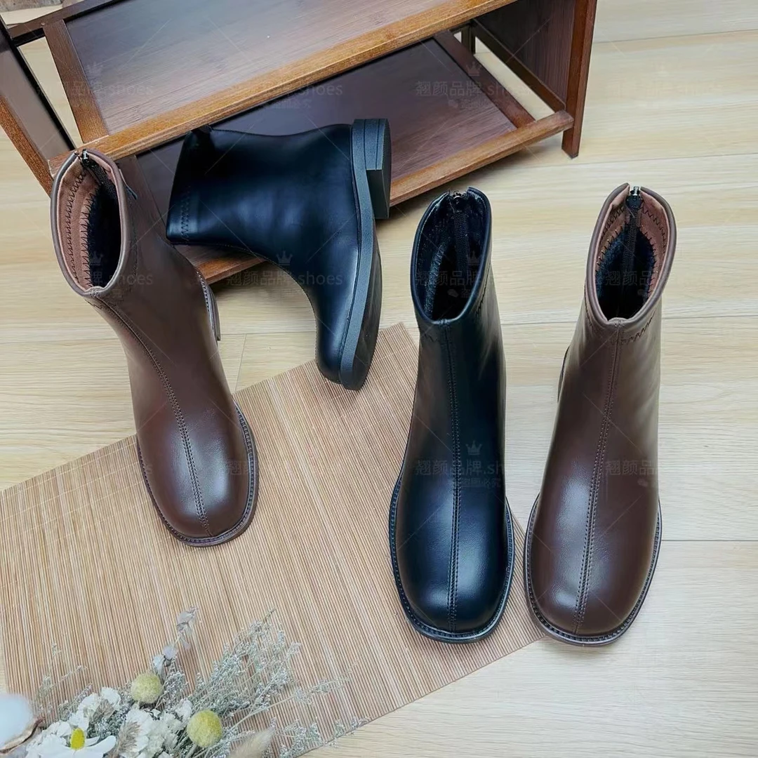 【翘颜品牌】高级气质时尚百搭简约低跟舒适软底软面短靴7398