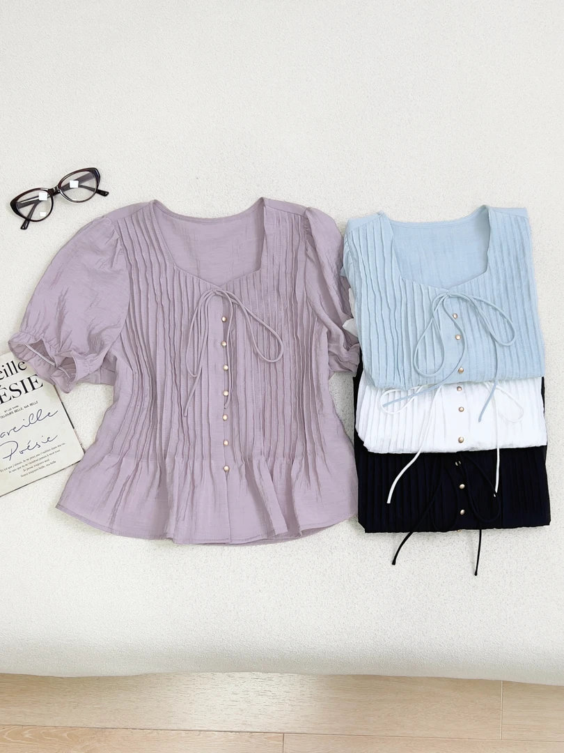 【女王洛克】韩版褶皱设计气质减龄泡泡袖方领衬衫洋气衣服女LK8206