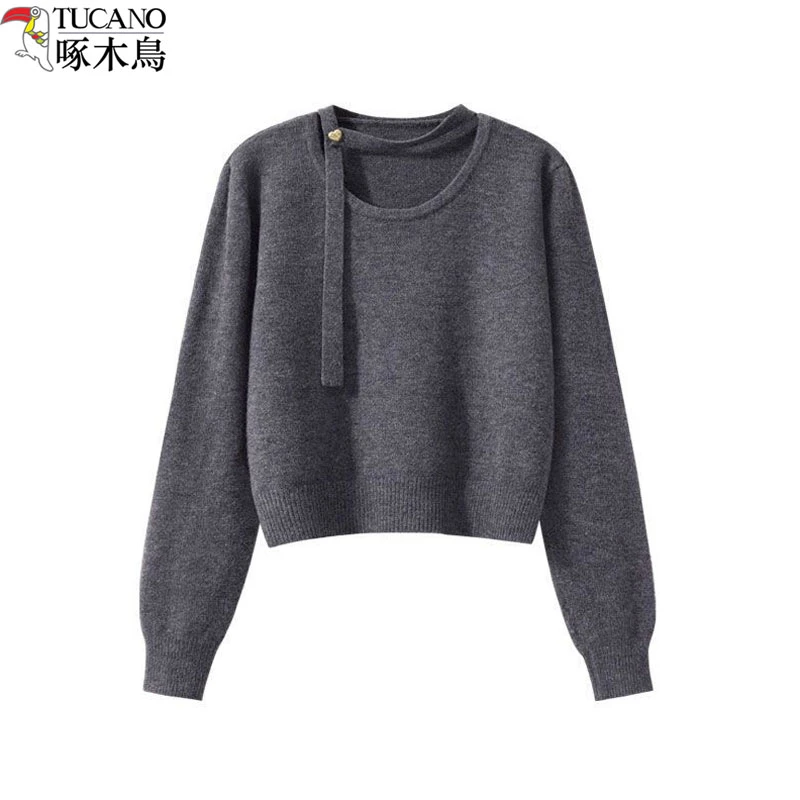 啄木鸟秋冬新款毛衣女设计感挂脖飘带圆领针织衫针织打底衫上衣