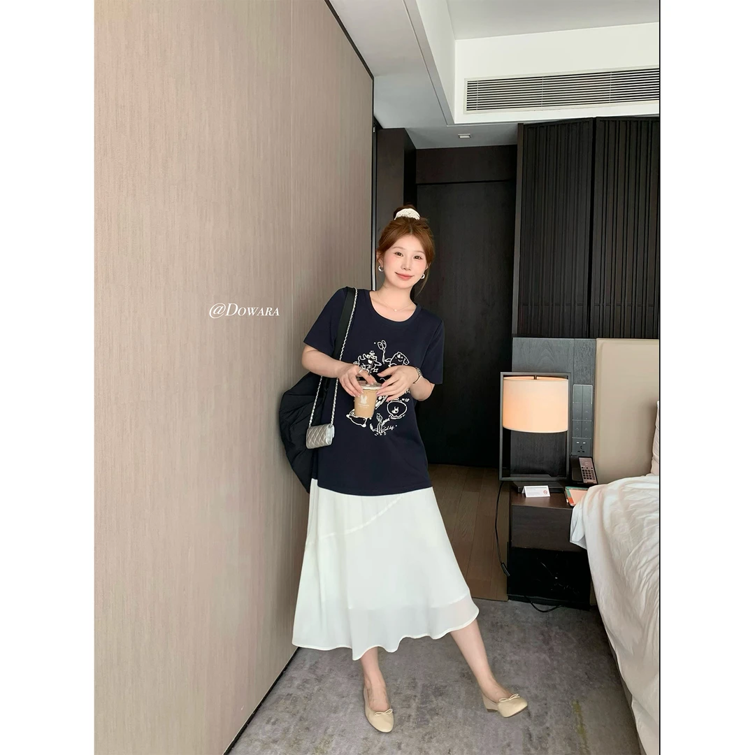 现货大婉酱微胖定制韩系设计感假两件卡通T恤拼接连衣裙裙子6995D