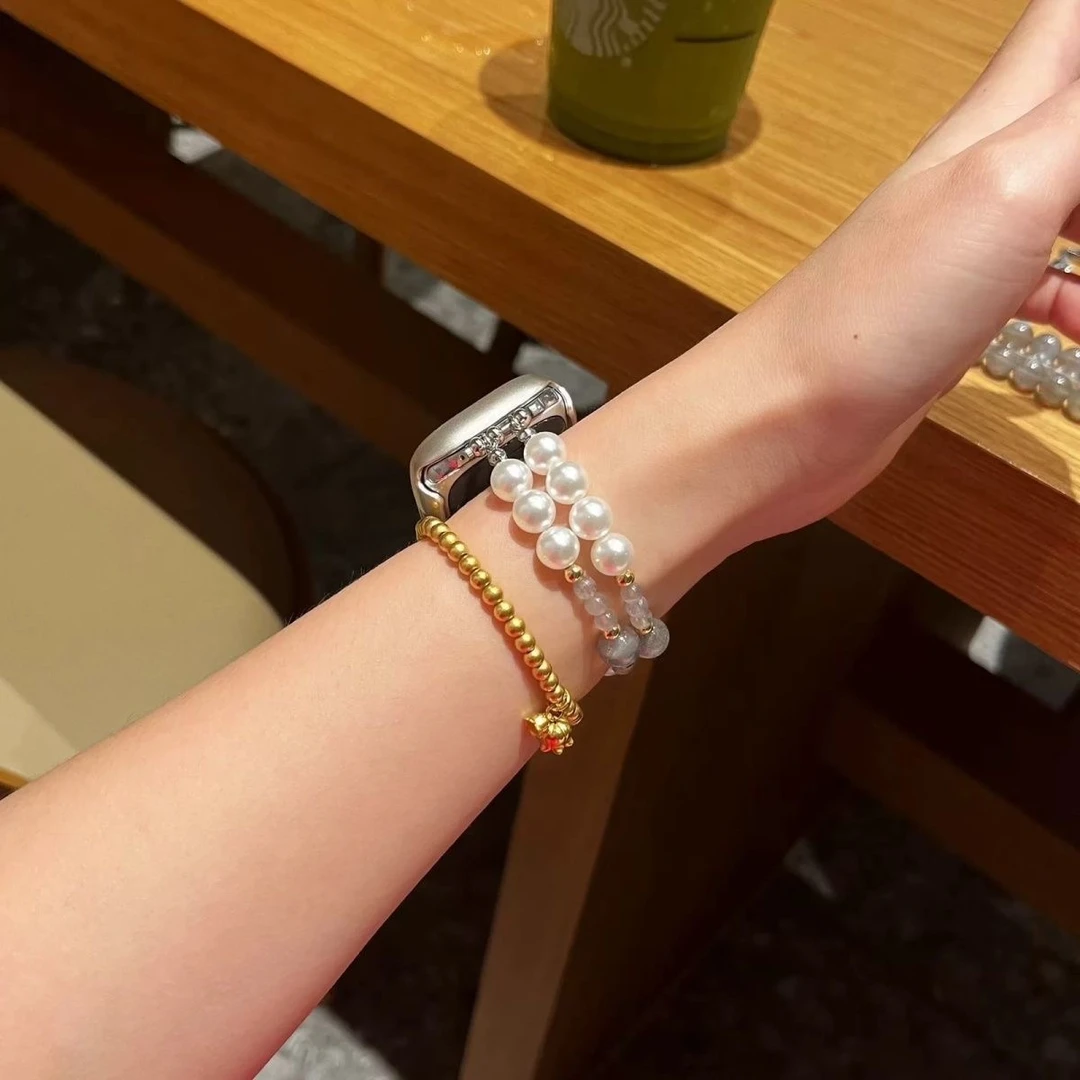 天然水晶珍珠月光石表带适用iwatch1-10代 SE Ultra