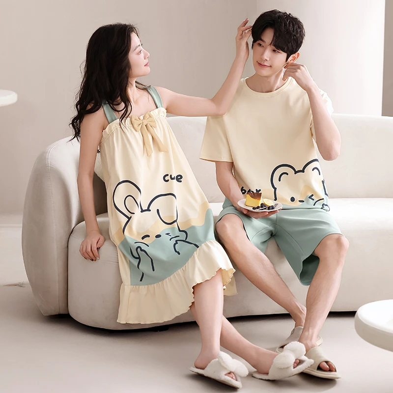 2套价 情侣睡衣夏季纯棉吊带睡裙女薄款卡通可爱男家居服套装夏天