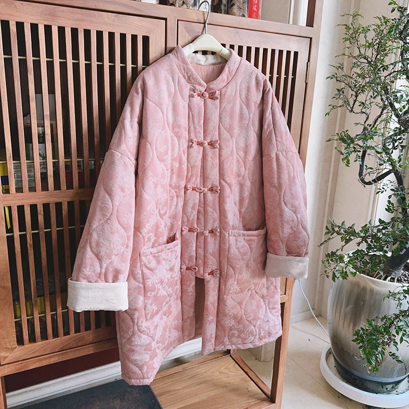 【暖阳】冬季加厚复古国风提花蝴蝶扣长款棉衣棉服外套 51897中式