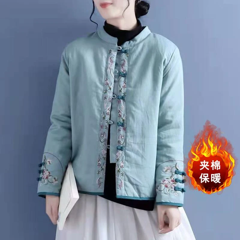 国风绣花棉麻棉服外套胖mm大尺码女装长袖立领盘扣夹棉保暖棉衣冬