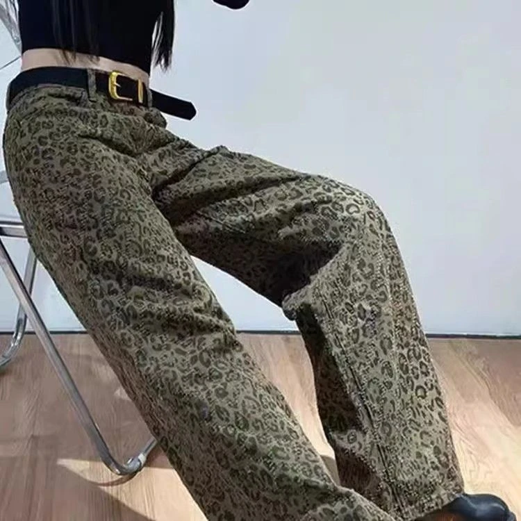 美式高街豹纹新年牛仔裤女2025战袍直筒阔腿长裤高腰显瘦长裤子潮