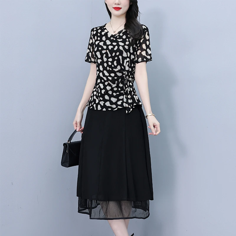 新款夏季时尚显瘦遮肉修身妈妈装豹纹连衣裙套装两件套韩版