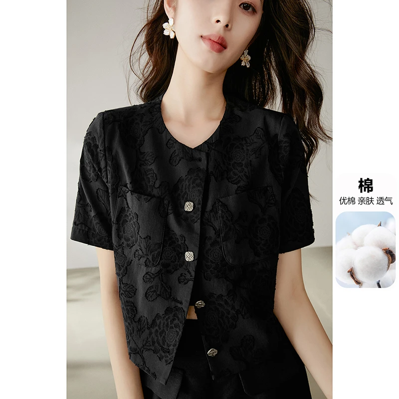 【断码清仓】2025夏上衣提花棉质短袖外套女24122607