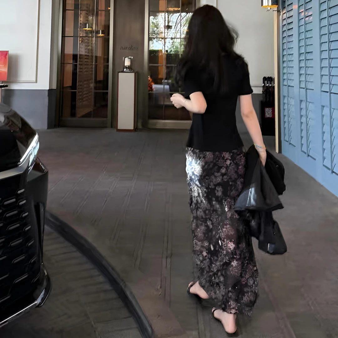 韩系复古高腰雪纺碎花半身裙女2025夏季新款显瘦气质A字包臀长裙