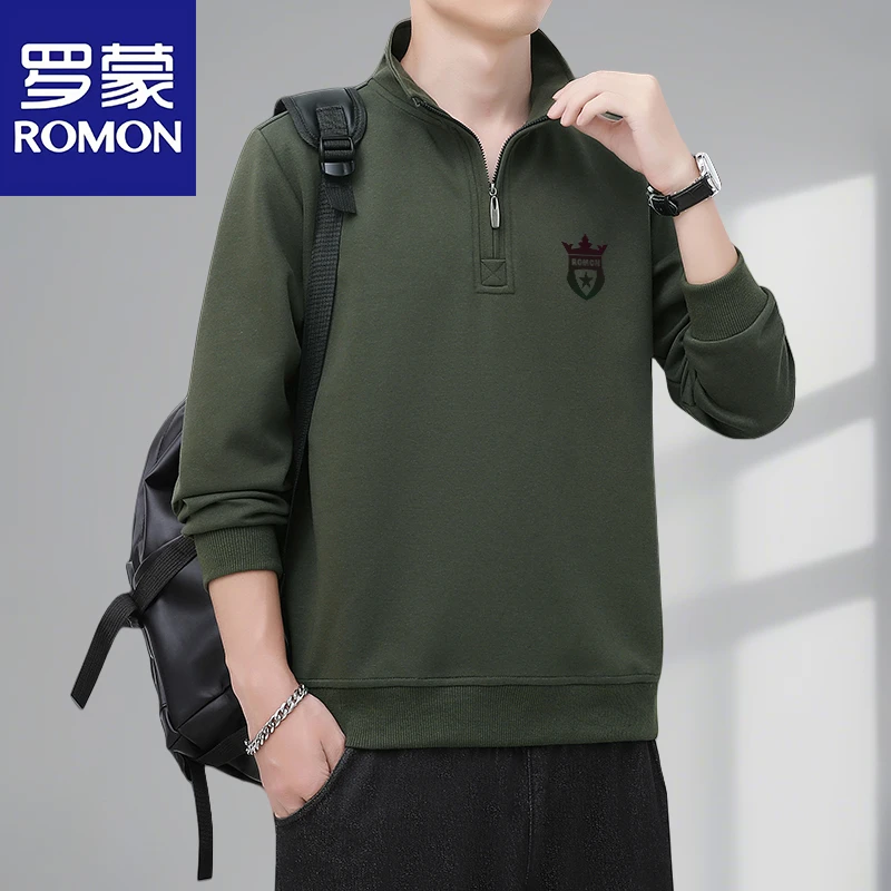 Romon/罗蒙秋冬新款印花半拉链卫衣立领休闲百搭男士长袖套头上衣