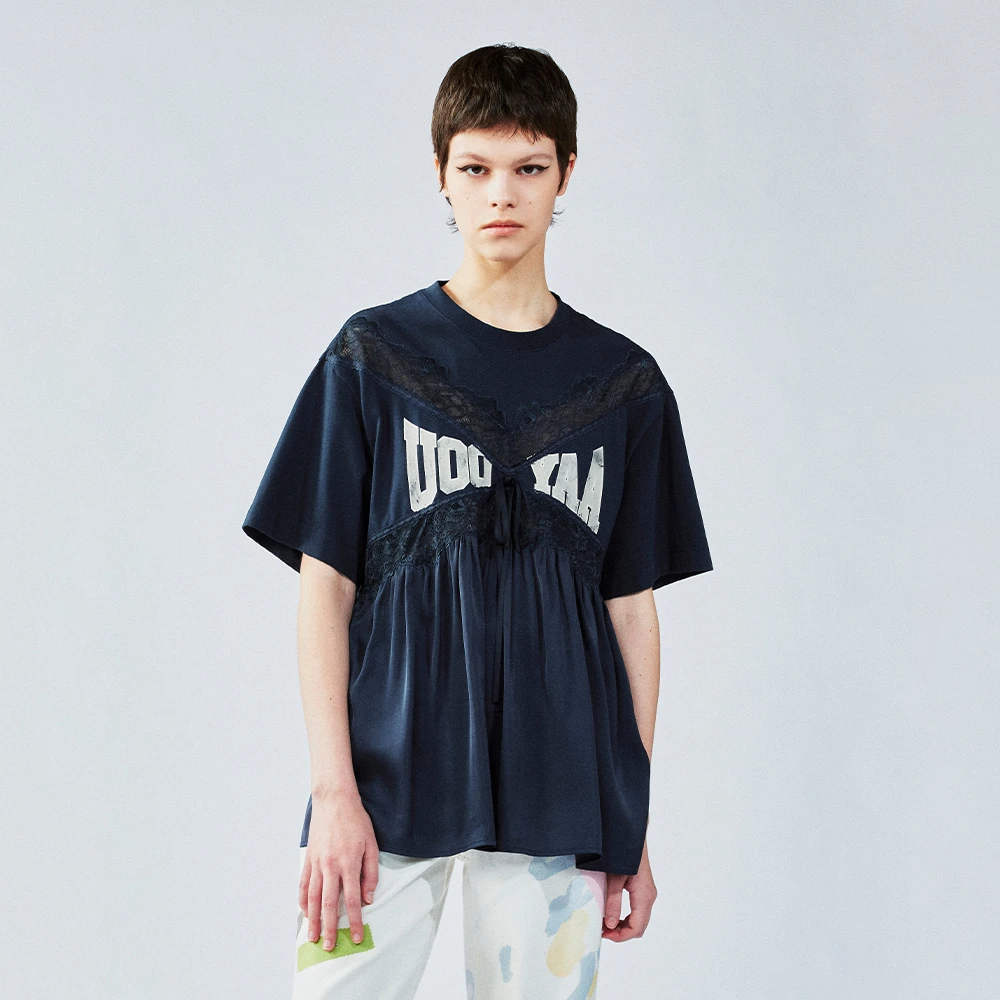 UOOYAA/乌丫2025夏季新款「舍不得扔」蕾丝缎面抽褶上衣5139