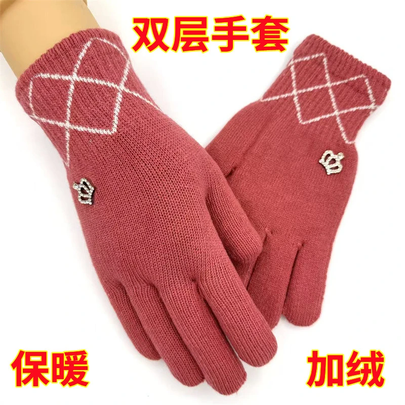 女士手套冬季双层加厚加绒防寒针织毛线手指简约户外骑行保暖手套