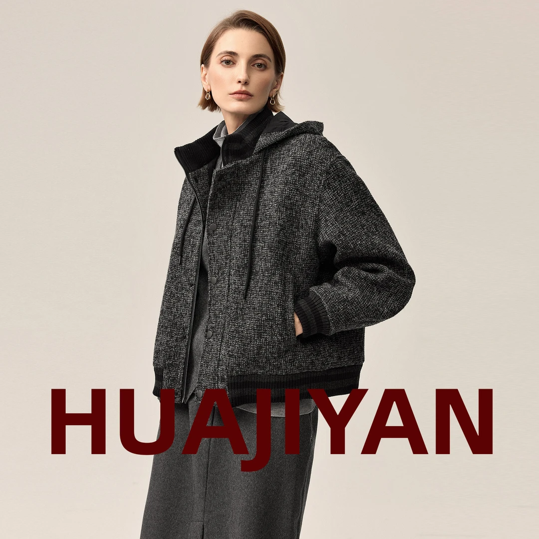 华吉言/HUAJIYAN【像素】羊毛混纺立裁挺括夹克款连帽长袖外套