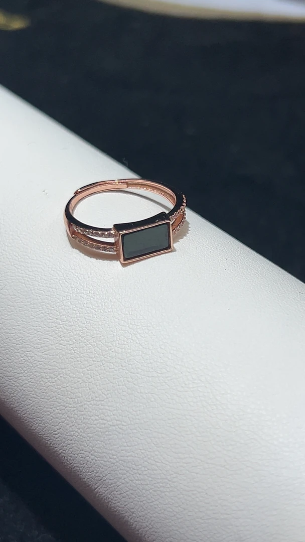 A货墨翠方形S925银镶翡翠戒指时尚百搭女士轻奢款