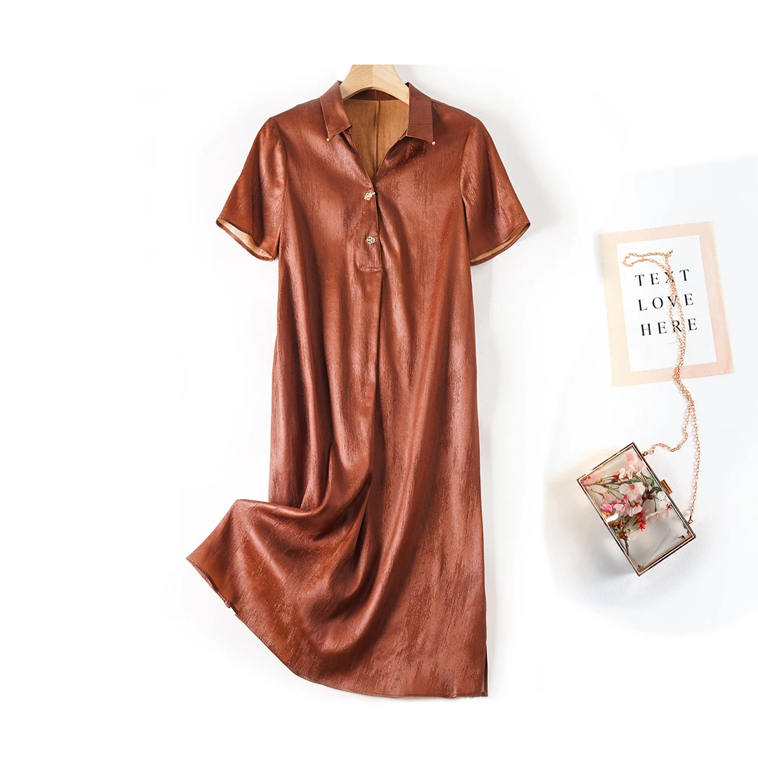 红云纱水波纹新中式短袖高端女装气质宽松百搭真丝连衣92%桑蚕丝