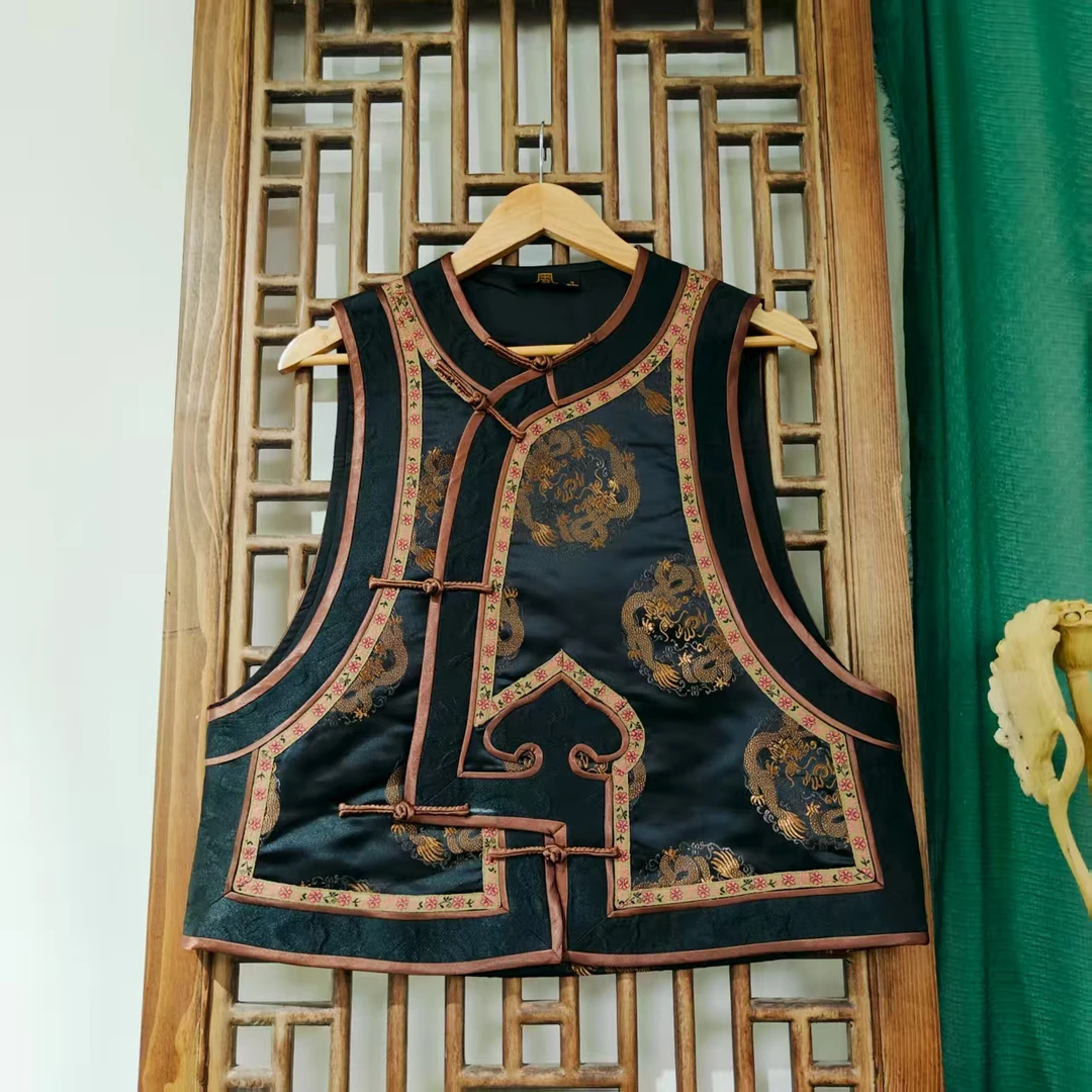（LS603-3）凤徕兮私人定制黑底咖金团龙暗纹黑如意头斜边盘扣马甲