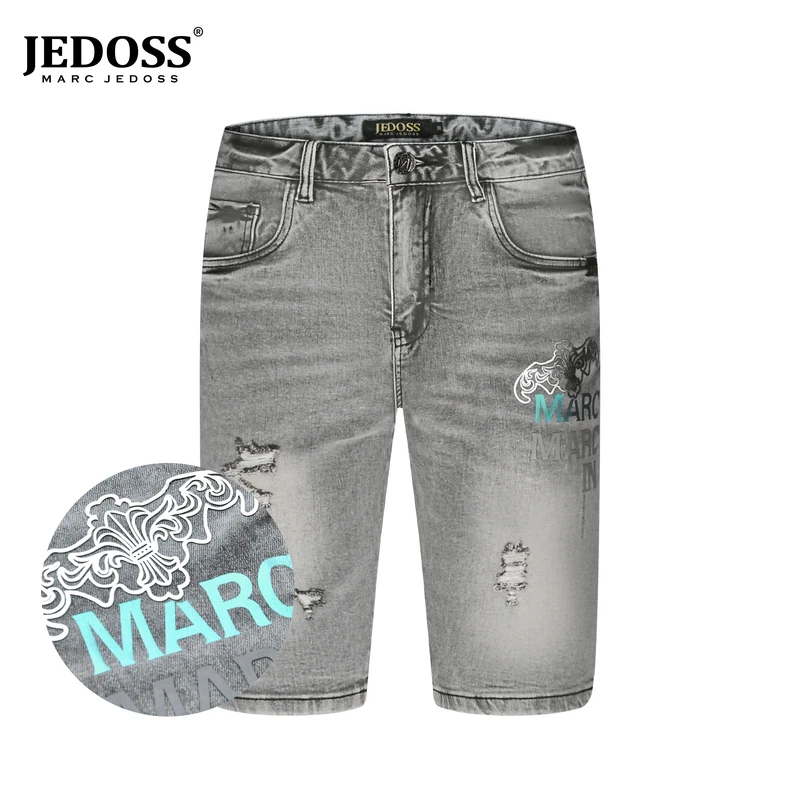 JEDOSS/爵迪斯2025夏季新款破洞LOGO磨破炫彩胶修身牛仔中裤121SX