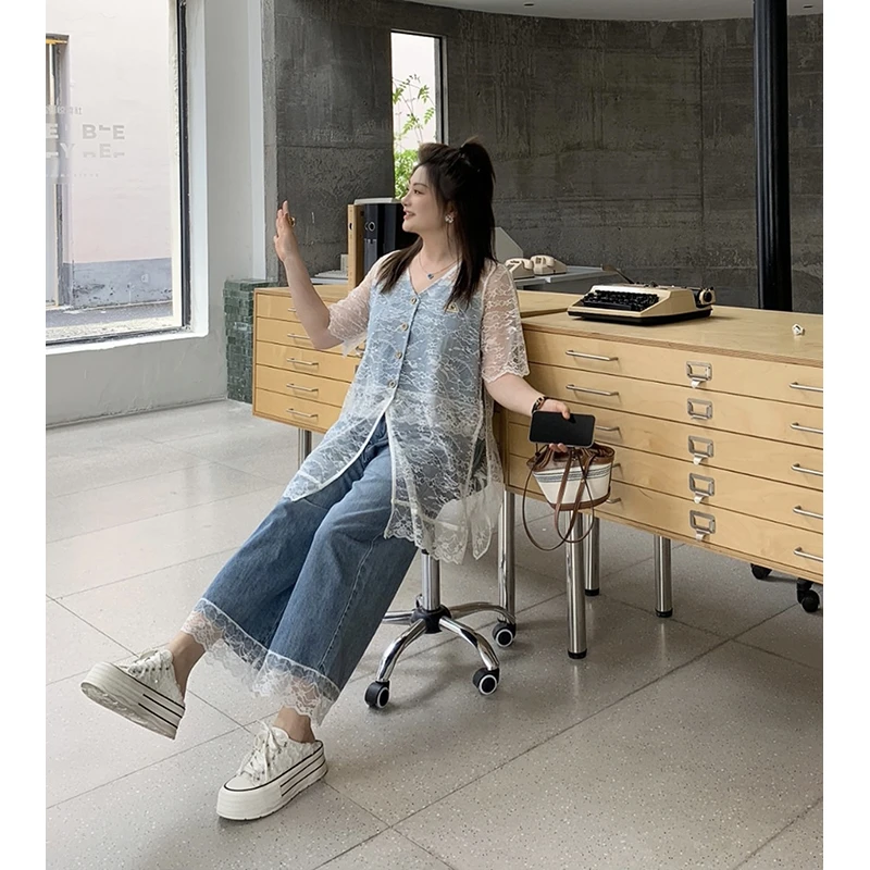 【胖佳佳】现货~繁星花园 时尚蕾丝上衣花边牛仔裤两件套H625A13232