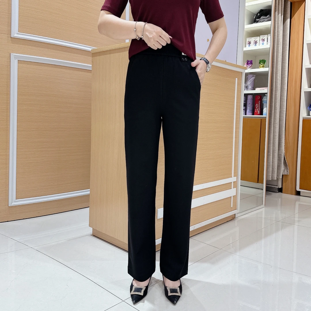 显瘦百搭阔腿布裤5-5829早秋新款松紧腰中腰黑色/长98厘米