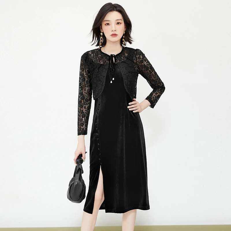 B407长袖外搭+绒感中长裙两件套装女2025秋53ZU0U0004
