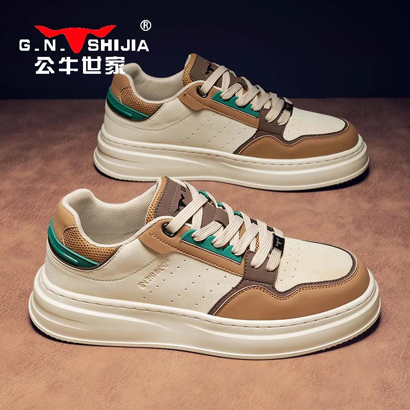 公牛世家2025新款男鞋秋季皮面运动休闲板鞋男士潮流百搭厚底潮鞋