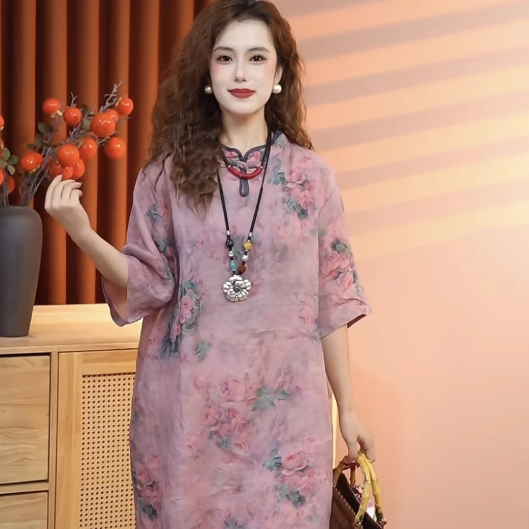 【“远山黛”】2025新款休闲百搭一字扣苎麻中长款女上衣70262