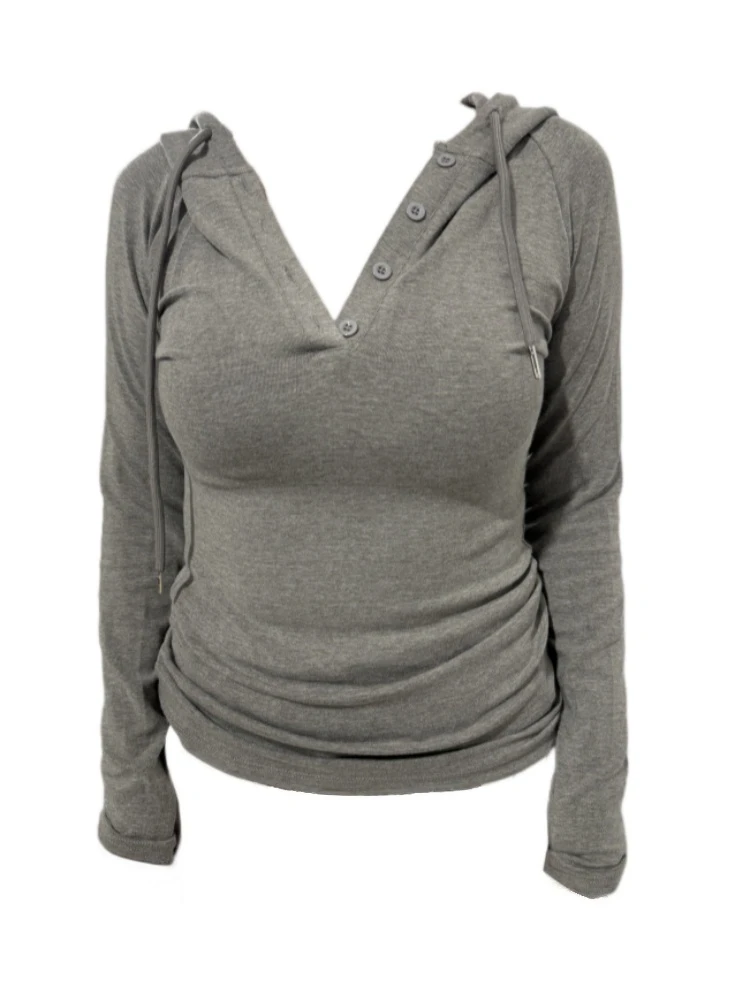 【Amy家】微胖mm辣妹v领纽扣连帽长袖打底衫女秋冬新款修身显瘦上衣