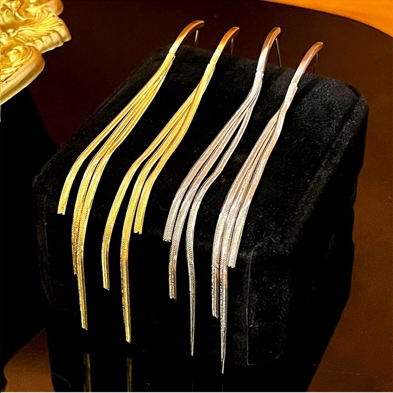 铜合金耳饰 【一束光】真金电镀银针蛇骨链流苏欧美夸张大气耳环