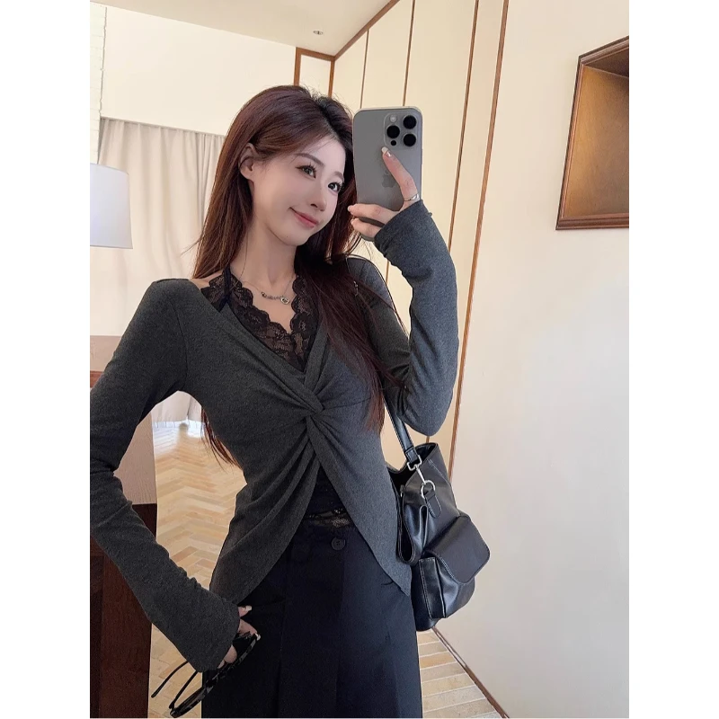 纯欲风性感黑色蕾丝拼接假两件长袖T恤女秋季扭结上衣内搭打底衫