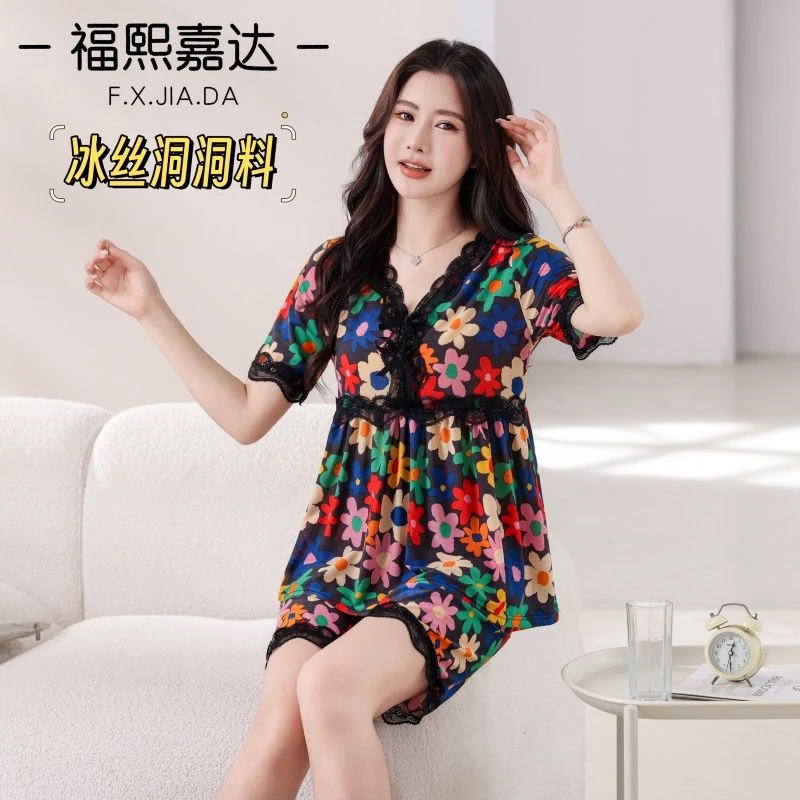 福熙嘉达爆款睡衣女夏天薄款冰丝凉爽洋气外出宽松大码家居服套装