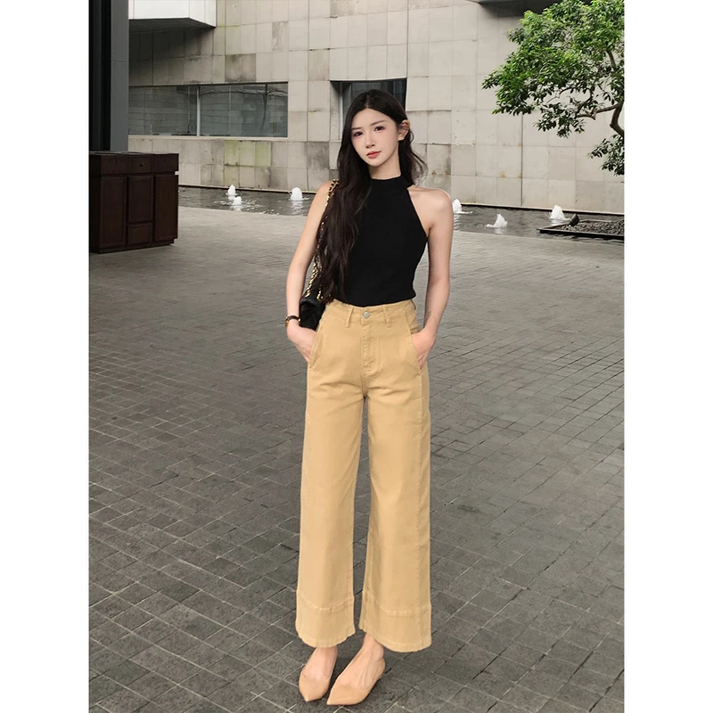 卡其简约大方直筒牛仔裤女2025秋季新款老钱风高腰宽松显瘦休闲裤