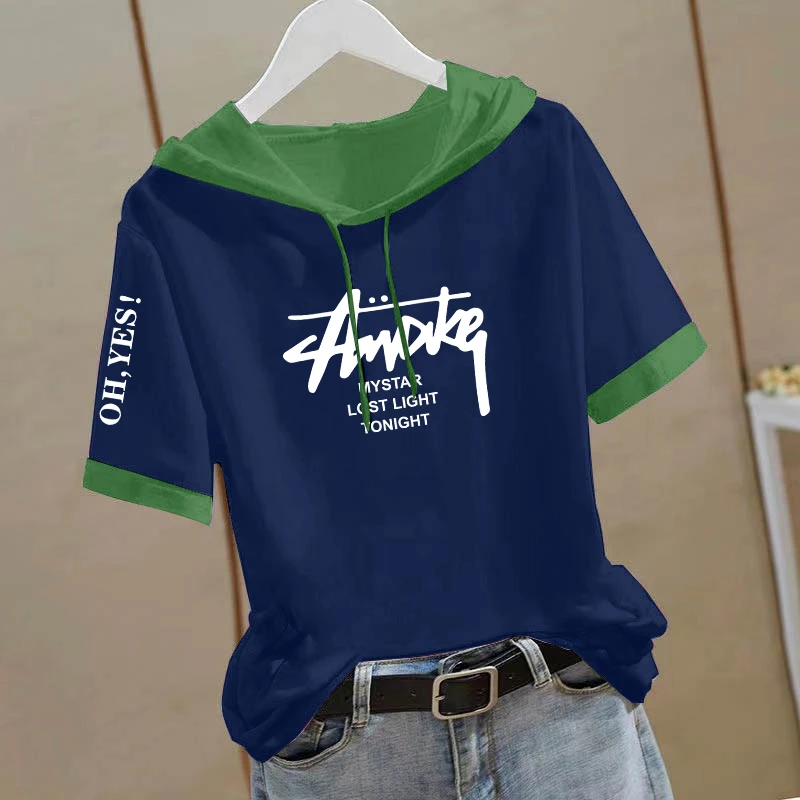 夏季2025新款休闲百搭减龄连帽短袖t恤女韩版纯棉宽松显瘦上衣潮