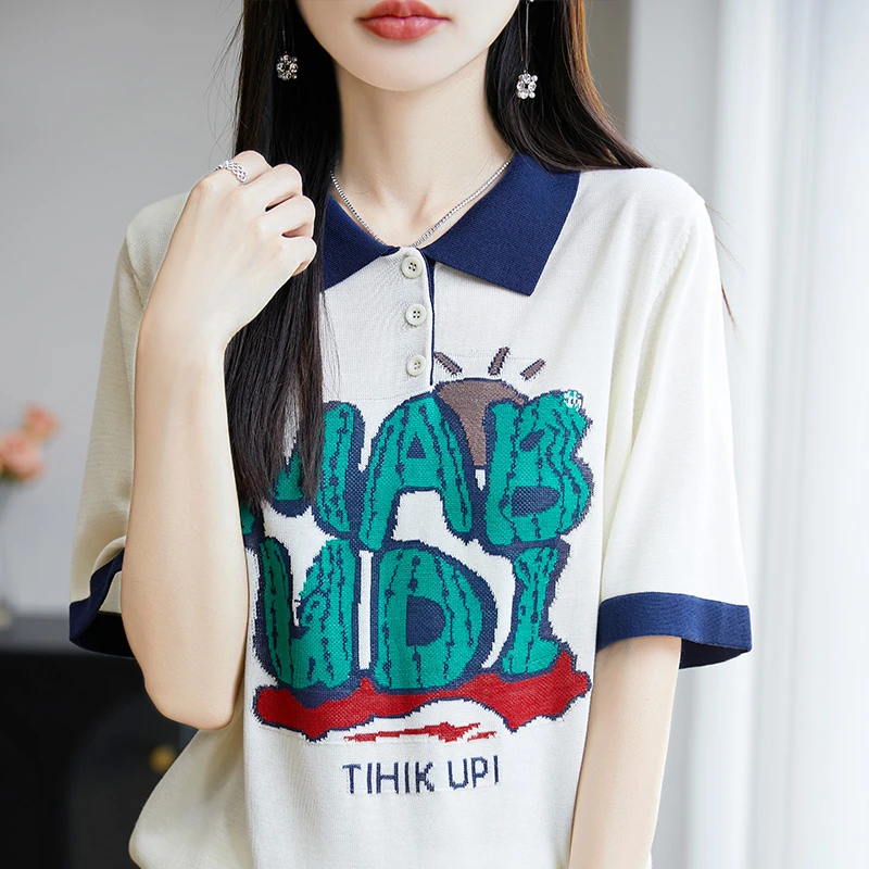 羊范2025夏季新款韩版宽松显瘦针织短袖100%莱赛尔撞色印花洋气T