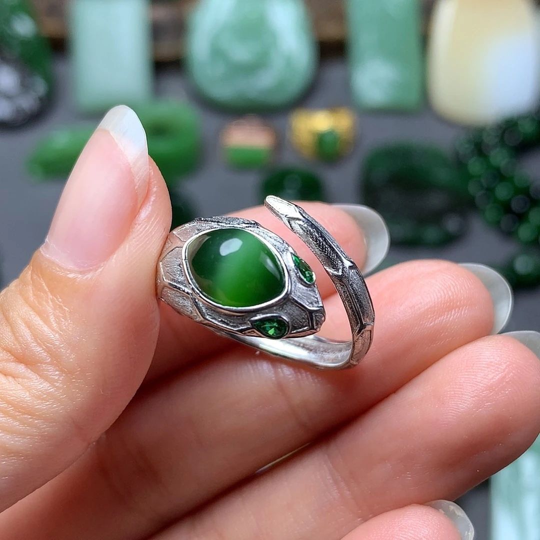 和田玉颈饰银S925镶嵌戒指