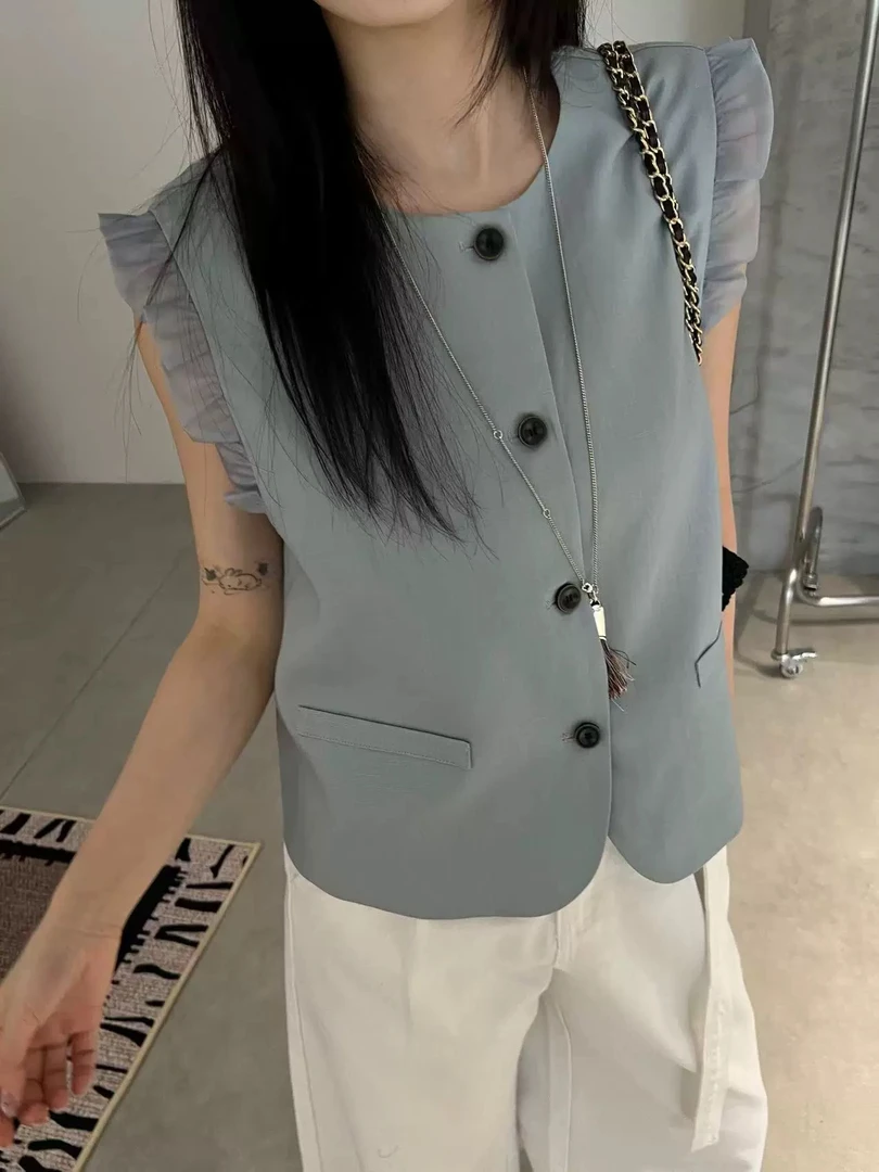【西單會馆】夏季木耳边花边圆领无袖单排扣西装马甲