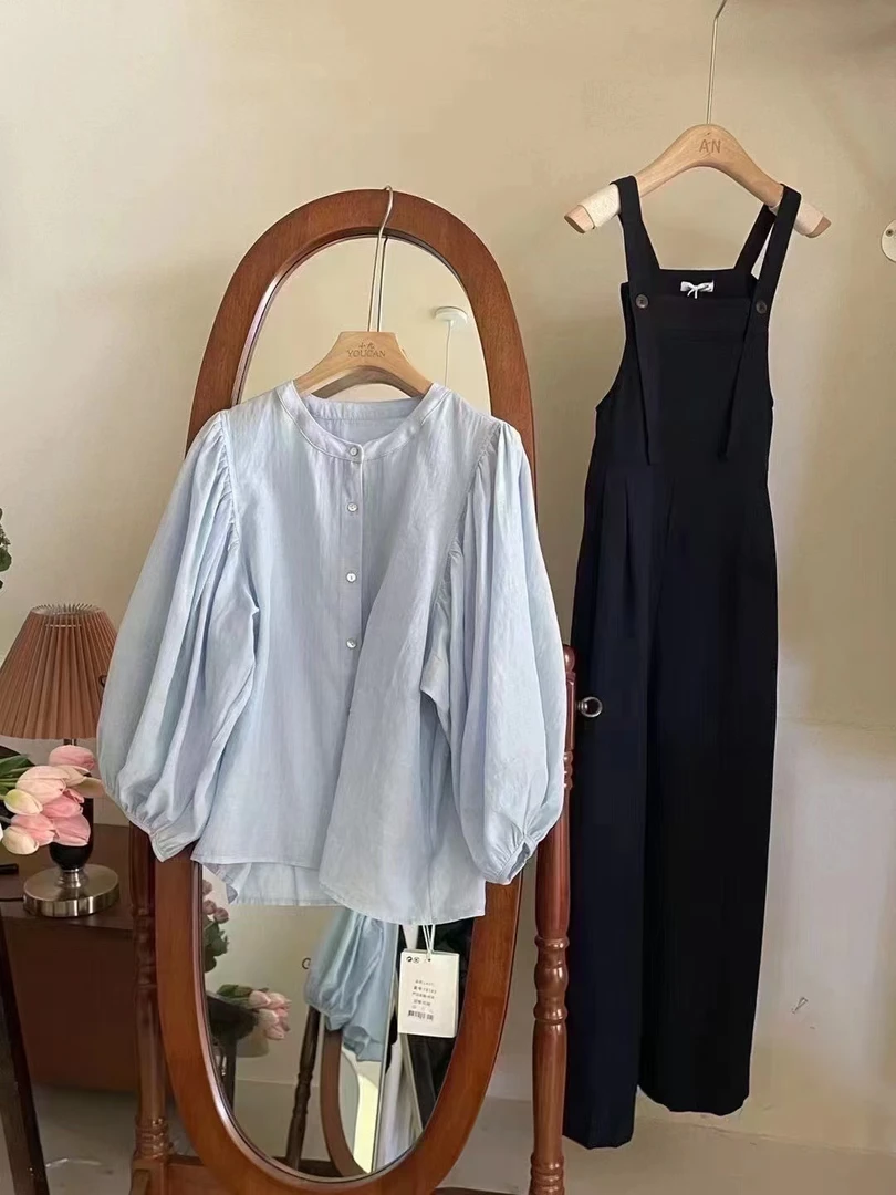 「大昕·留学套装」2025春季法式蓝色背带裤套装新款