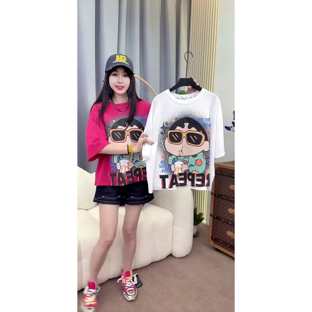 夏季新款时尚潮酷卡通小新字母印花短袖T恤宽松百搭上衣