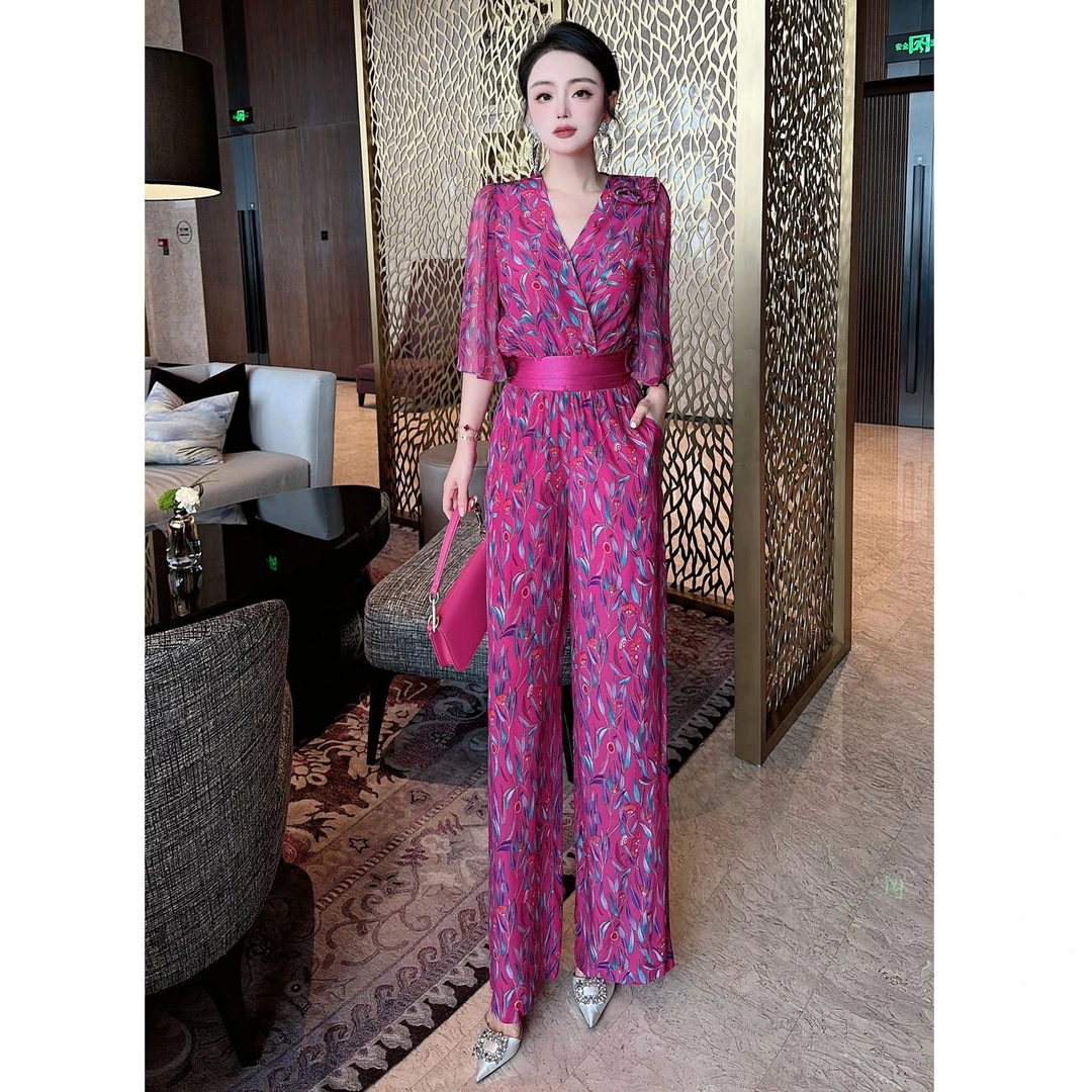 高端印花洋气减龄炸街显瘦套装小众法式气质名媛高腰阔腿两件套女
