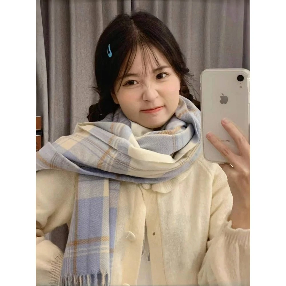 韩系氛围感蓝色格子围巾女秋冬季2025新款百搭学生保暖高级感围脖