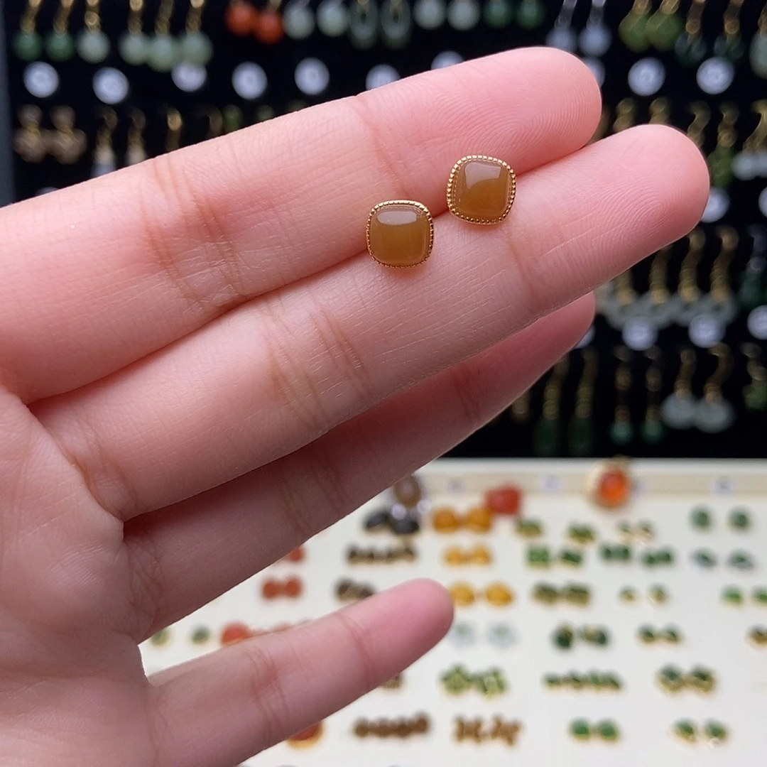 和田玉银S925镶嵌耳饰