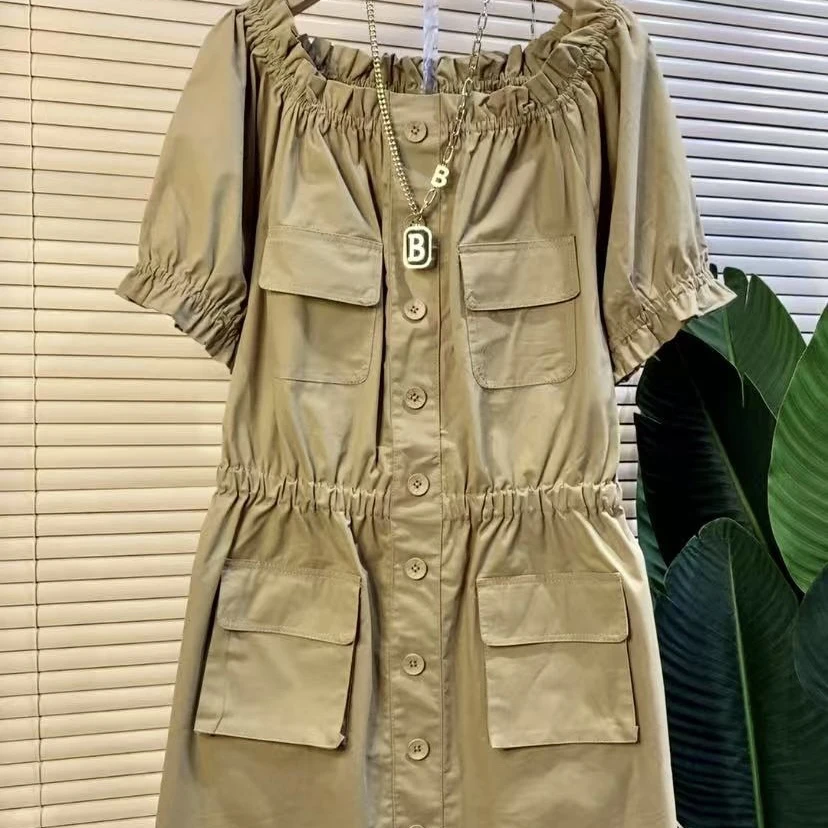 T欧货时尚新款一字肩水洗工装休闲显瘦连衣裙