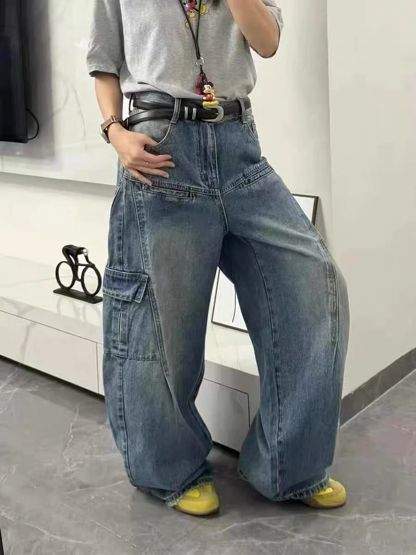 66002#欧货新款时尚百搭休闲裤女宽松阔腿裤弯刀水洗做旧牛仔裤