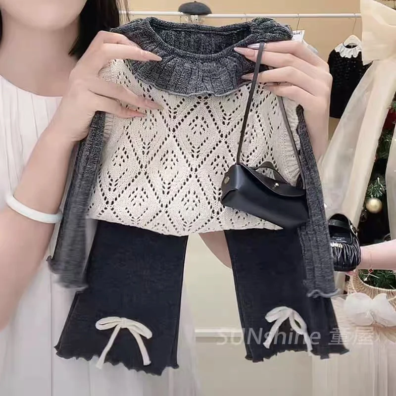 韩系女宝宝荷叶领镂空针织马甲蝴蝶结微喇裤套装