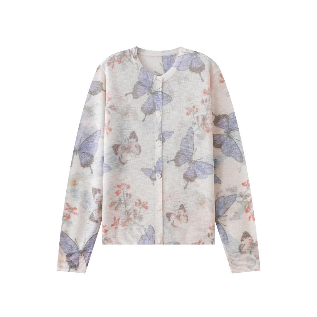 国风圆领印花针织开衫女2025夏季新款独特别致开衫百搭长袖上衣潮