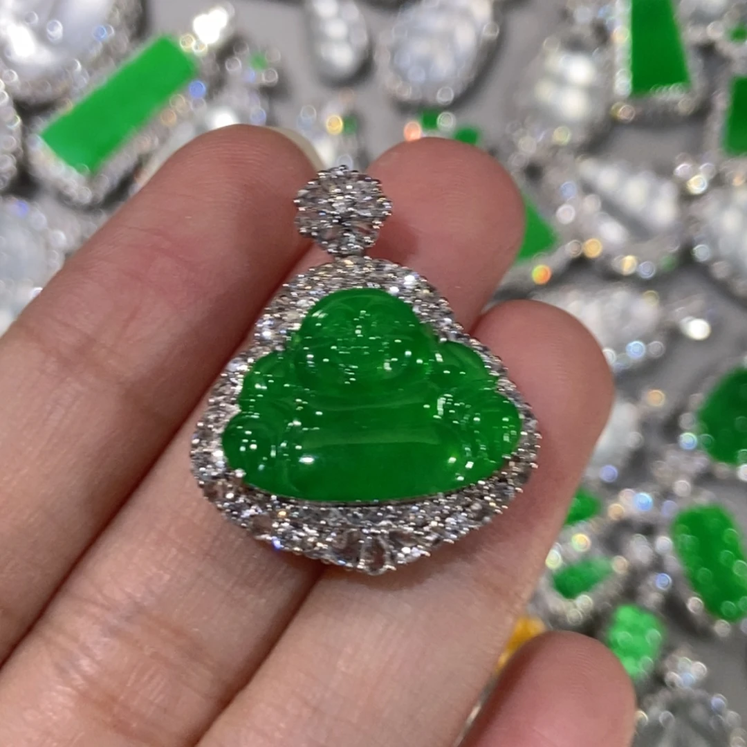 翡翠18K金镶嵌吊坠(不含链)天然缅甸A货翡翠
