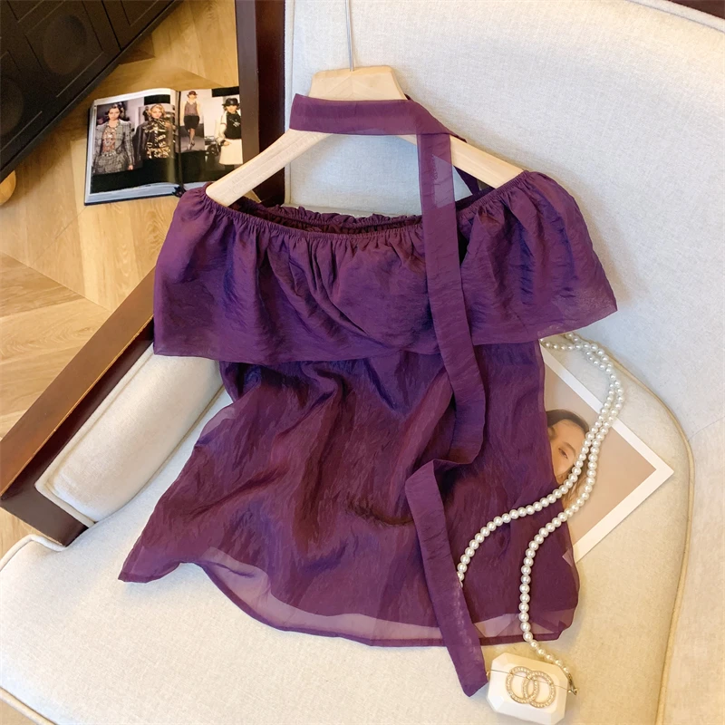 好听鸭夏季款小众设计感一字领荷叶边飘带雪纺短袖衬衫宽松显瘦上