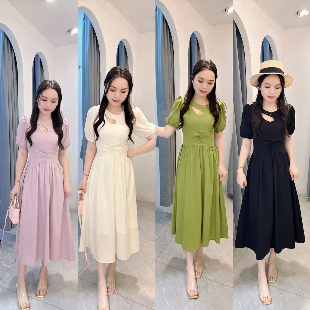 丹妮丝夏季新款女装法式褶皱中长裙气质甜美修身显瘦洋气连衣裙